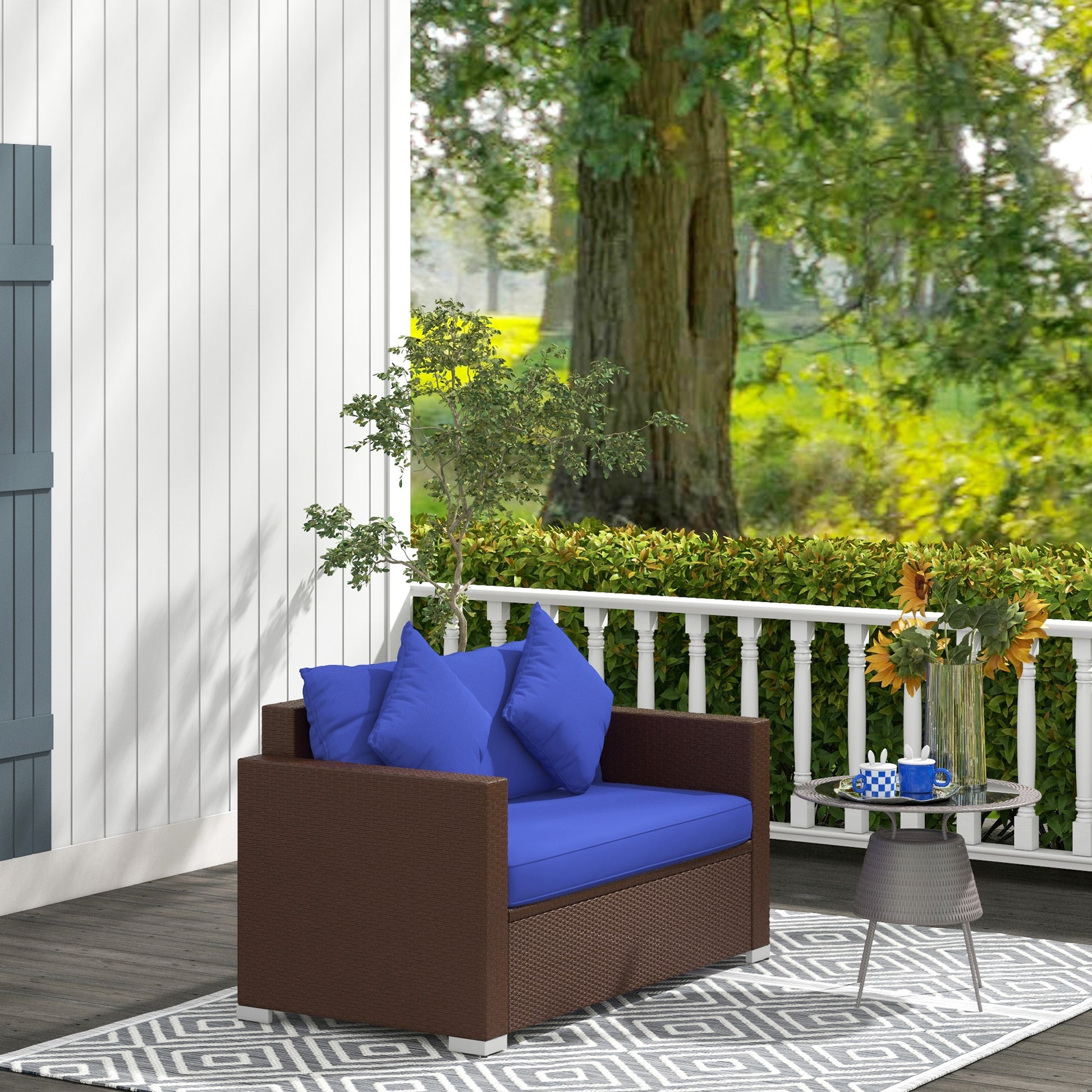 Outsunny Patio Wicker Loveseat With Cushions, 2 Seat Outdoor Pe Rattan Couch Sofa With Throw Pillows, For Porch, Backyard, Garden, Poolside, Blue Dark Blue Rattan Metal