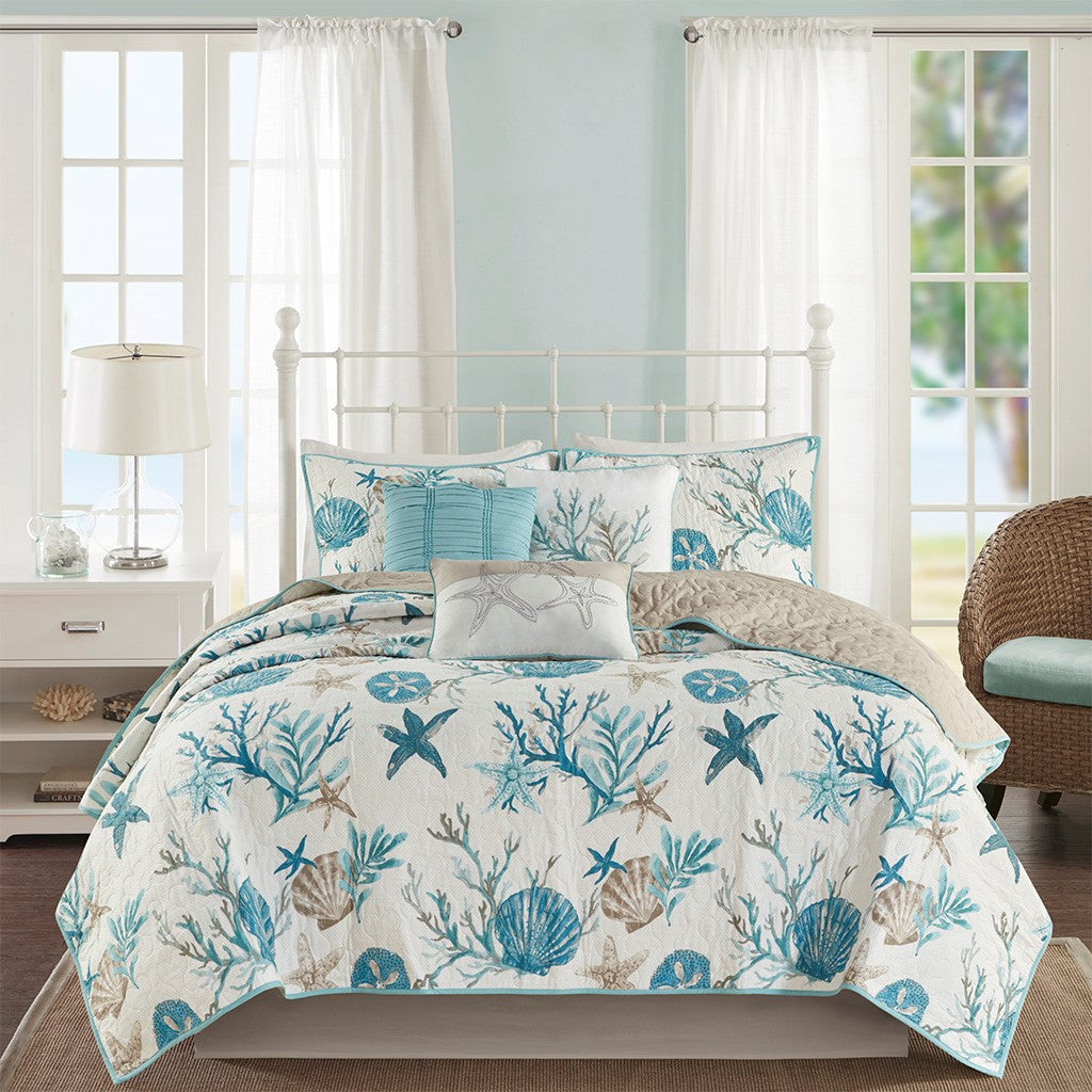 6 Piece Cotton Sateen Quilt Set With Throw Pillows Aqua King Cal King King Aqua Cotton