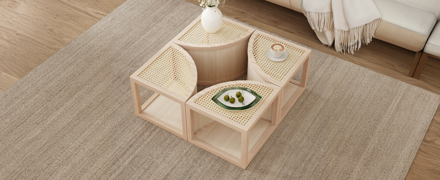Round To Square Block Modular Coffee Table Light Natural Rattan With Storage 4 Piece Light Natural Rubber Wood
