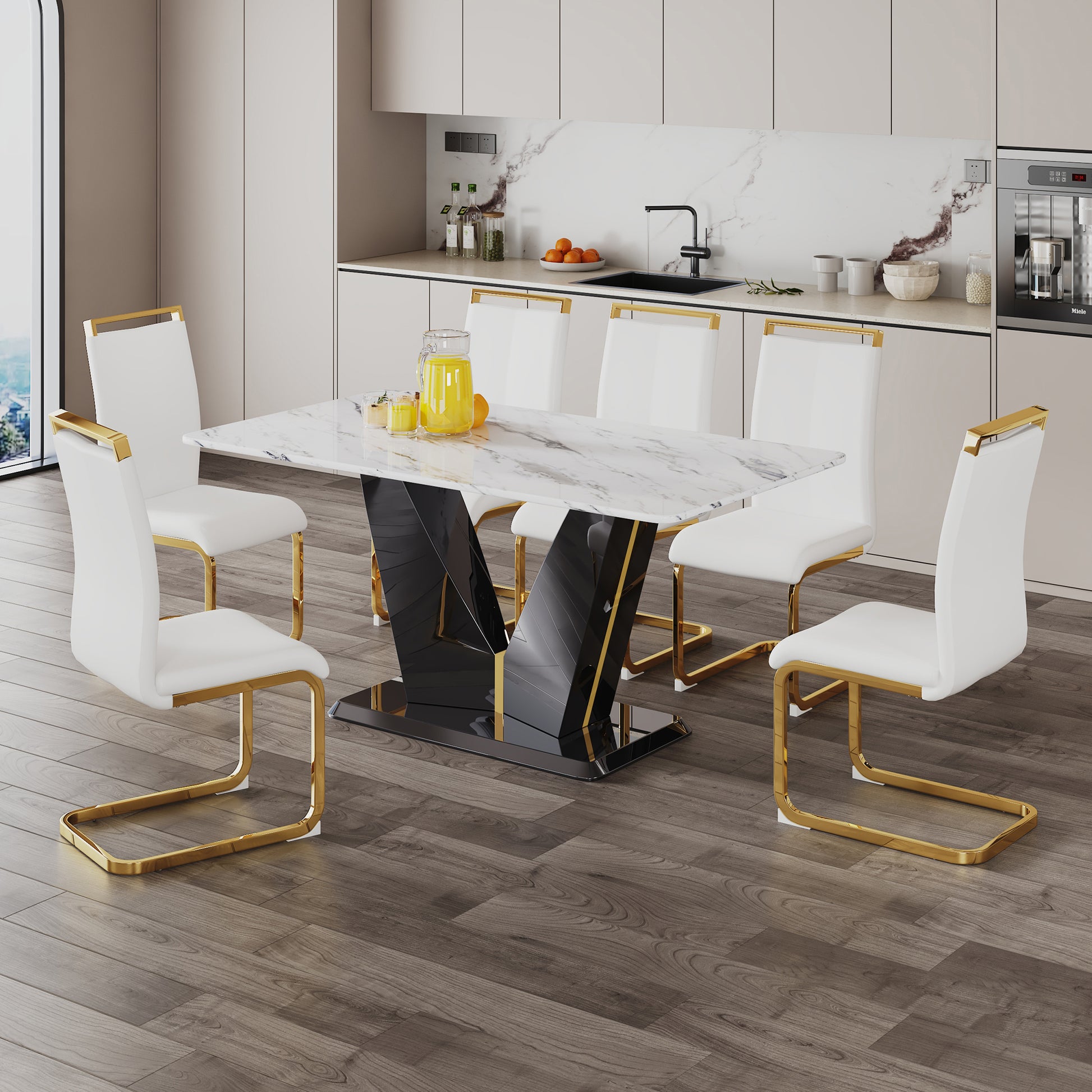 Table And Chair Set, White Imitation Marble Texture Glass Tabletop, Black Mdf Table Legs, Stable And Beautiful. Modern Simple Dining Table, Comfortable Seating. White Black Seats 6 Mdf Glass