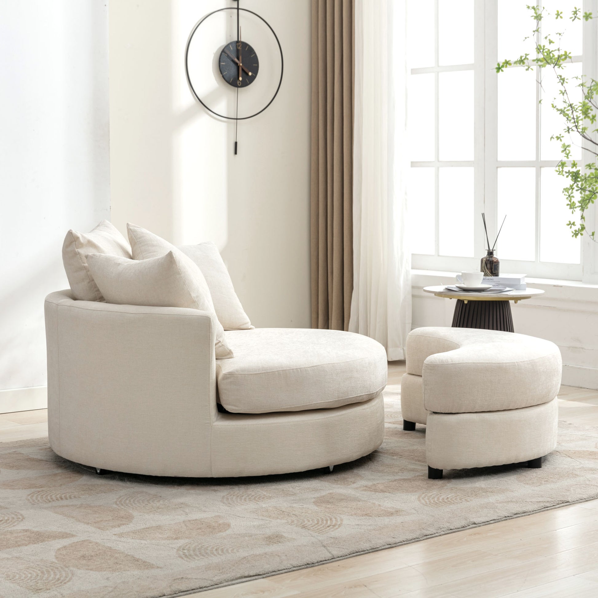 Orisfur. 360 Swivel Accent Barrel Chair With Storage Ottoman & 4 Pillows, Modern Chenille Leisure Chair Round Accent For Living Room, Cream Cream Foam Chenille