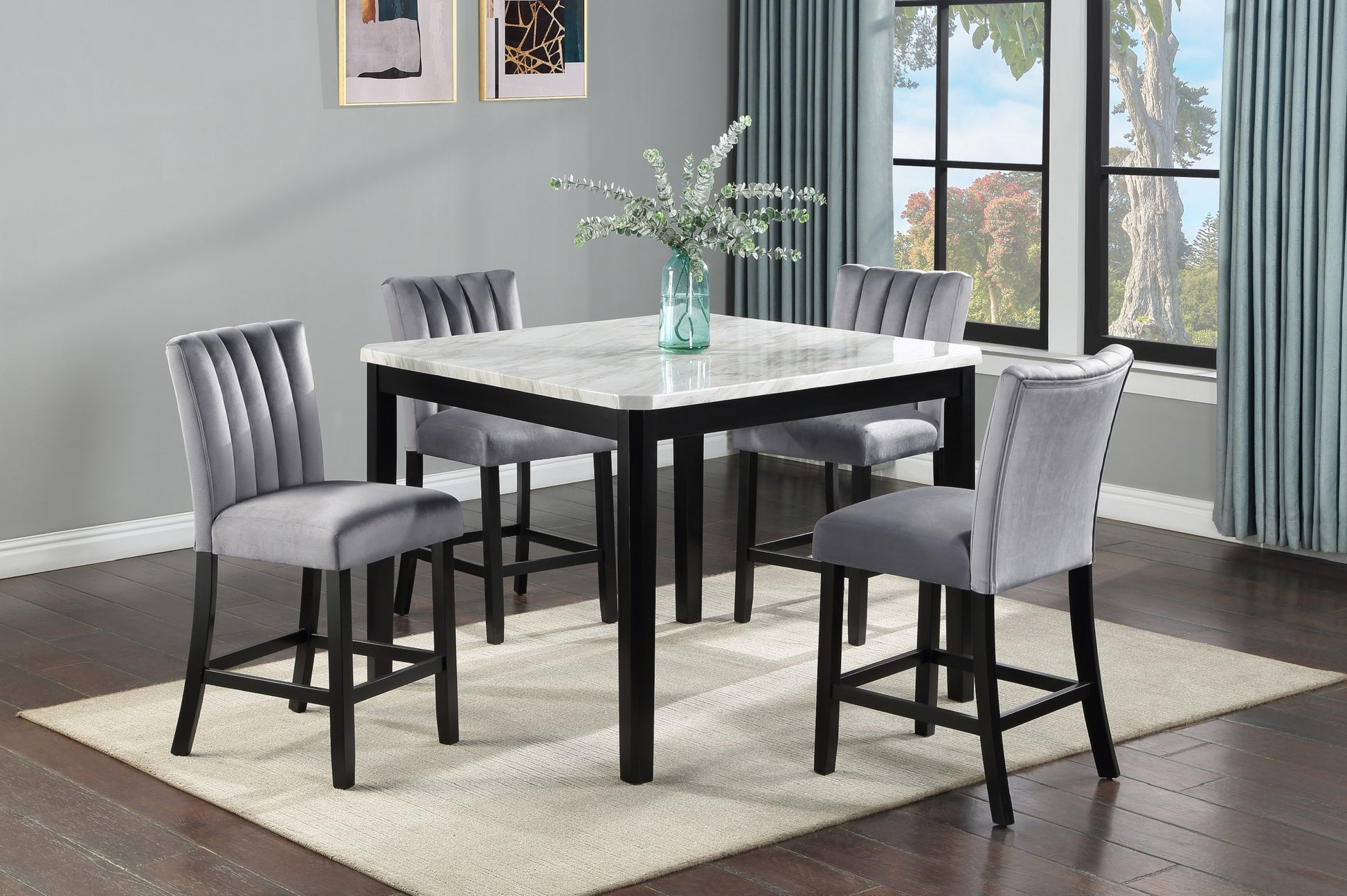 2Pc Casual Upholstered Counter Height Velvet Upholstery Chair Channel Tufted Back Wooden Dining Room Furniture Gray Black Black,Gray Dining Room Contemporary,Modern Bar Stools Tufted Back Set Of 2