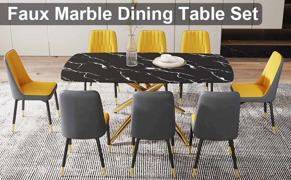 Large Modern Minimalist Rectangular Dining Table With 0.39 "Imitation Marble Black Tabletop And Golden Metal Legs, Paired With Chairs With Pu Cushions And Black Metal Legs. F 1537 C 007 Black Gold Glass Metal