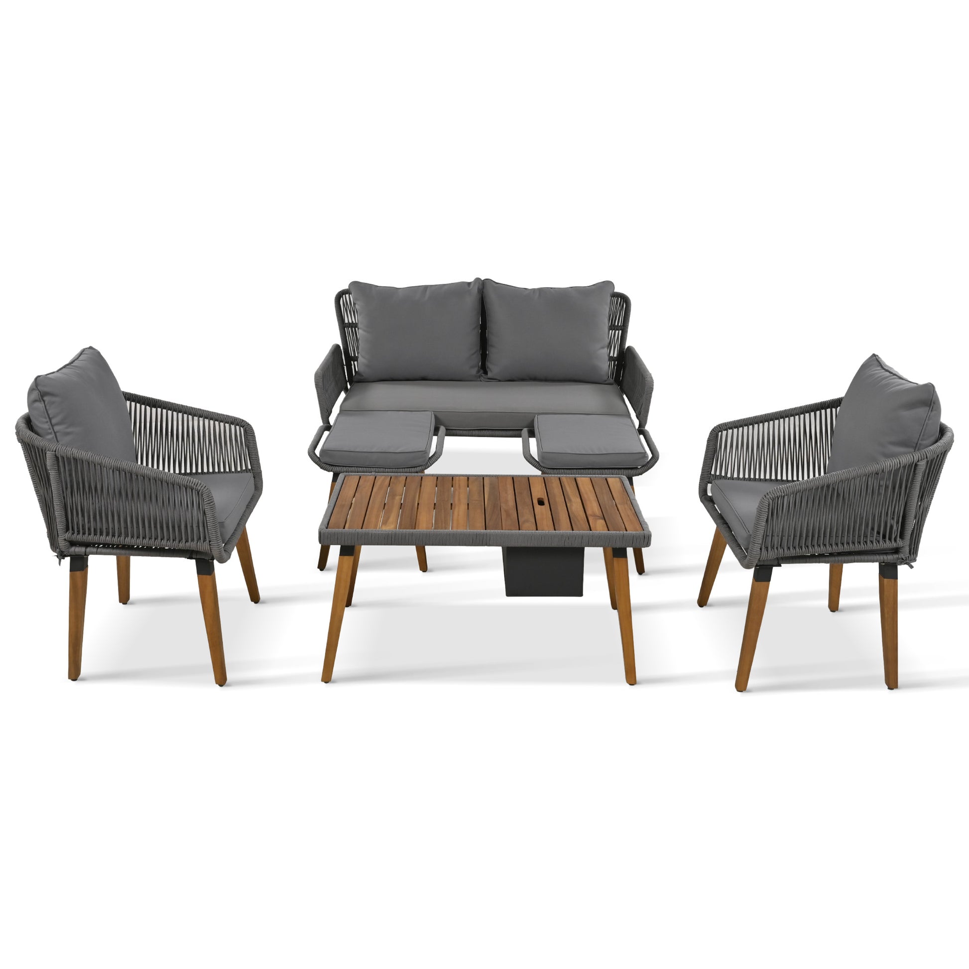 K&K 6 Piece Rope Patio Furniture Set, Outdoor Furniture With Acacia Wood Cool Bar Table With Ice Bucketdeep Seat Patio Conversation Set With Two Stools For Backyard Porch Balcony Grey Yes Complete Patio Set Grey Weather Resistant Frame Fade Resistant