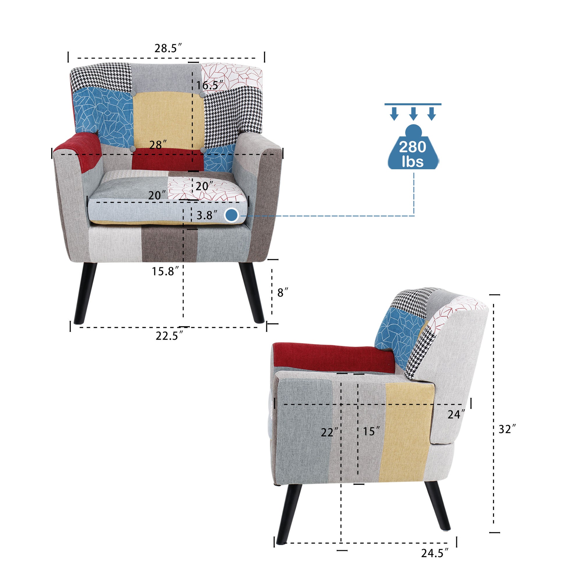 Patchwork Accent Chair, Mid Century Modern Fabric Club Chair For Bedroom Comfy, Colourful Single Sofa Chair For Livingroom, Bedroom, Office, Study And Reading Room Colorful Textile