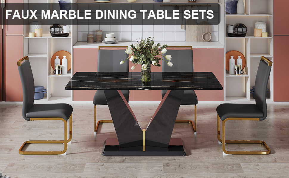 Table And Chair Set,Modern Minimalist Rectangular Dining Table, 0.4 Inch Thick, With A Black Imitation Marble Pattern Desktop And Black Mdf Legs. Comfortable Pu Seats,Perfect For Dinner, Meet Grey Black Seats 4 Mdf Glass