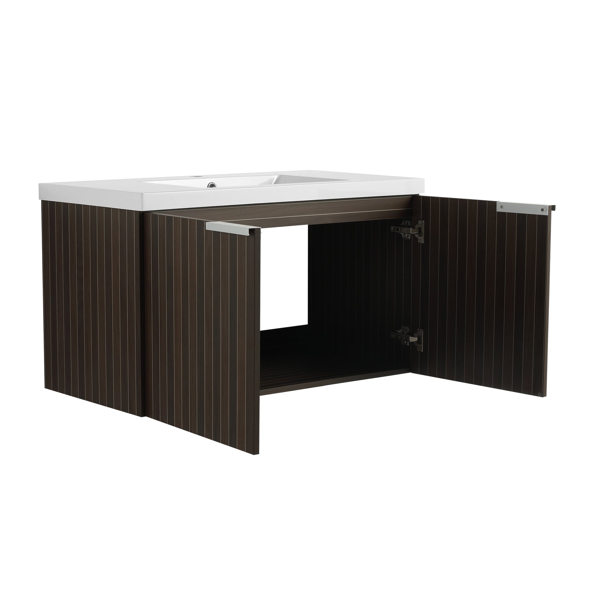 36 Inch Bathroom Cabinet With Resin Sink,Soft Close Doors,Float Mounting Design Silver Brown Stripe Bathroom Modern Plywood Plywood