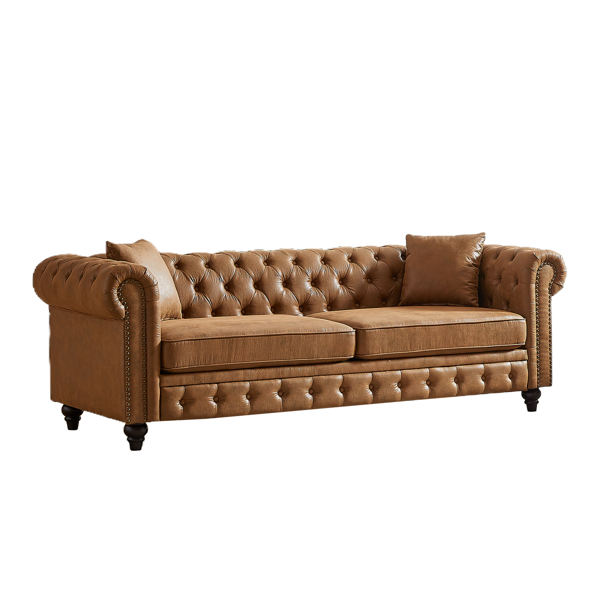 Fx 85.5"Living Room With Tech Fabric Chesterfield Sofa With Rolled Arms 3 Seater Sofa With Button Design And 2 Cushions For Apartment, Office, Living Room Brown Polyester Wood Primary Living Space Pine Foam Fabric 3 Seat