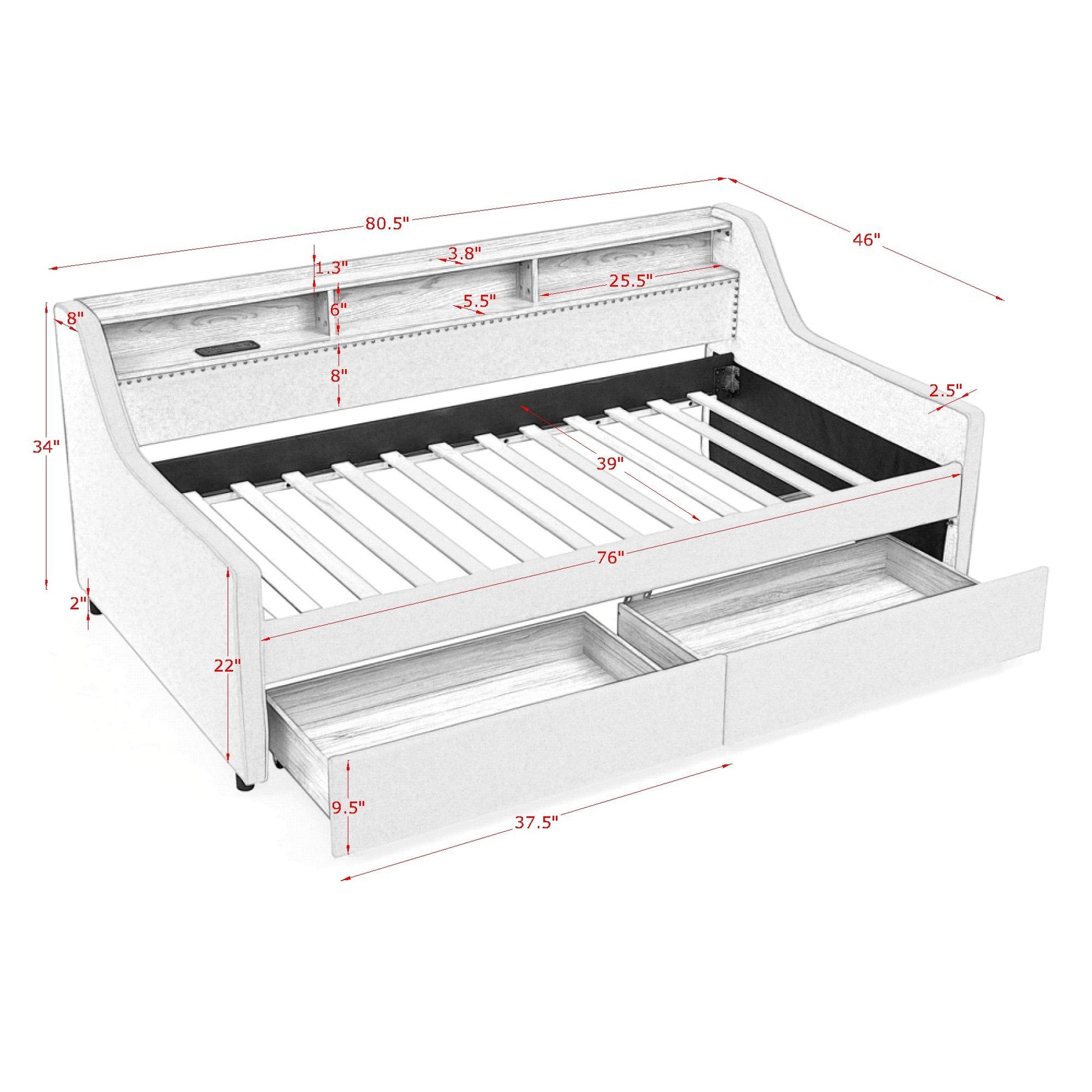 Twin Size Upholstery Sofa Bed With Three Led Lights, With Storage Adjustable Headboard, With Two Storage Pull Up Drawers And Wireless Charging, Linen Padded Sofa Bed Frame, Grey Box Spring Not Required Twin Grey Composite Bedroom Classic Eucalyptus Foam