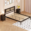 3 Pieces Bedroom Sets Full Size Wooden Platform Bed With Natural Rattan Headboard, Nightstands Set Of 2 With Rattan Woven Surfaces And Three Drawers For Bedroom, Black Black Particle Board