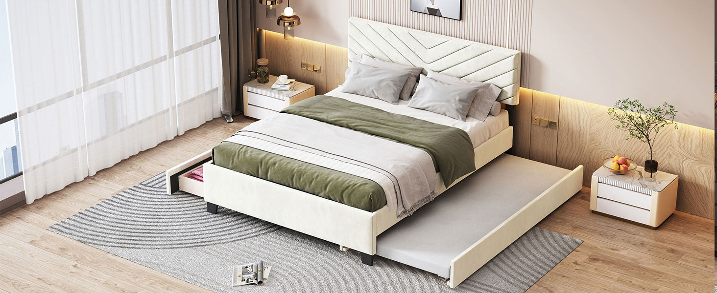 Queen Size Upholstered Platform Bed With Twill Headboard, Pullout Bed And Two Drawers, Flannel, Beige Queen Beige Mdf Lvl
