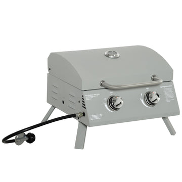 Outsunny 2 Burner Propane Gas Grill Outdoor Portable Tabletop Bbq With Foldable Legs, Lid, Thermometer For Camping, Picnic, Backyard, Light Grey Light Grey Steel