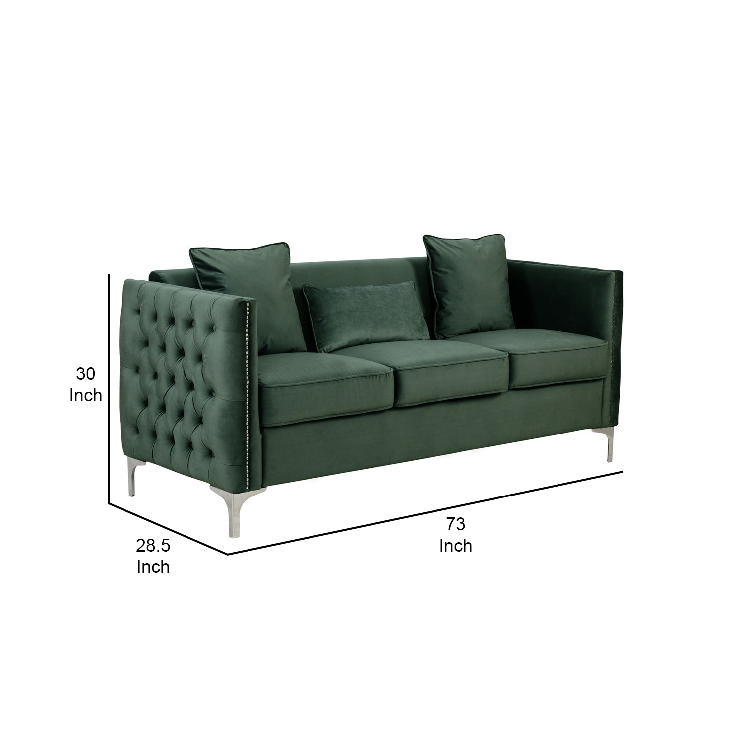 Zion 73 Inch Modern Accent Sofa, Deep Button Tufted Sides, Green Velvet Green Wood Fabric 3 Seat