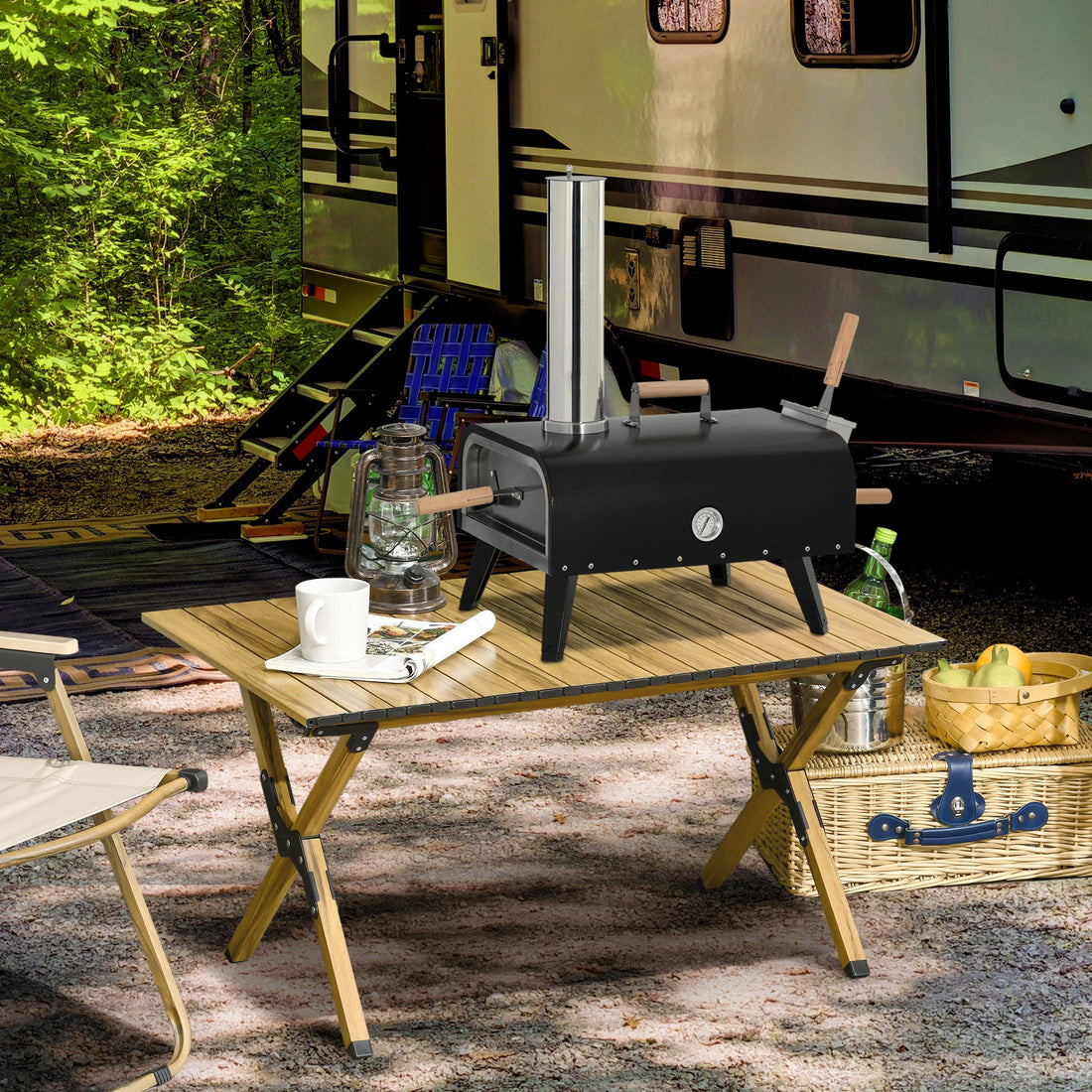 Outsunny Outdoor Pizza Oven With 12" Stone, Peel And Cover, Portable Pellet Wood Fired Pizza Maker With Foldable Legs, Stainless Steel Pizza Grill For Outside, Backyard, Outdoor Kitchen Black Steel