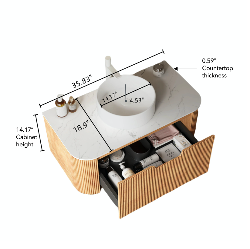 Dina 36" Bathroom Vanity With Sink, Modern Wall Mounted Floating Curved Edges Striped Bathroom Storage Cabinet With A Drawer, White Artificial Marble Basin Without Faucet, Pre Assembled, Natural
