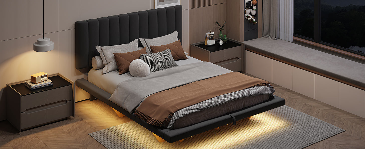 Queen Size Upholstered Floating Bed With Led Light And Usb Port, Velvet, Gray, Hydrualic Platform Bed Queen Gray Velvet