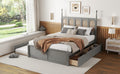 Queen Size Rattan Platform Bed With With 2 Big Drawers, T Size Trundle, Gray Queen Gray Plywood