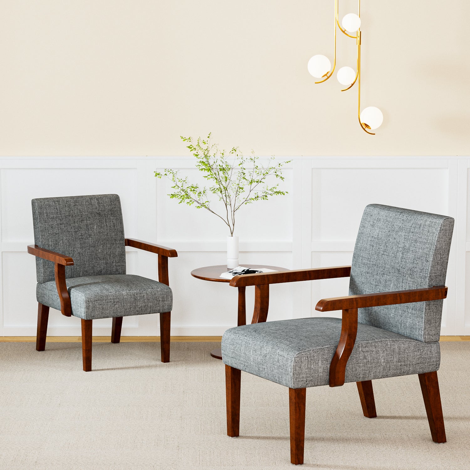 Fabric Accent Arm Chair Set Of 2 With Round Wood Table Grey Fabric