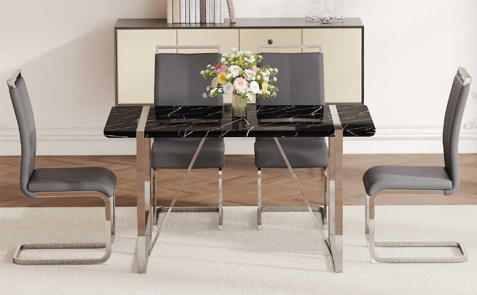 Table And Chair Set.A Rustic Industrial Rectangular Mdf Black Dining Table With Mdf Desktop And Electroplated Silver Metal Legs.Paried With 4 Chairs With Pu Cushion And Metal Legs. Black,Dark Gray,Silver Seats 4 Mdf Metal