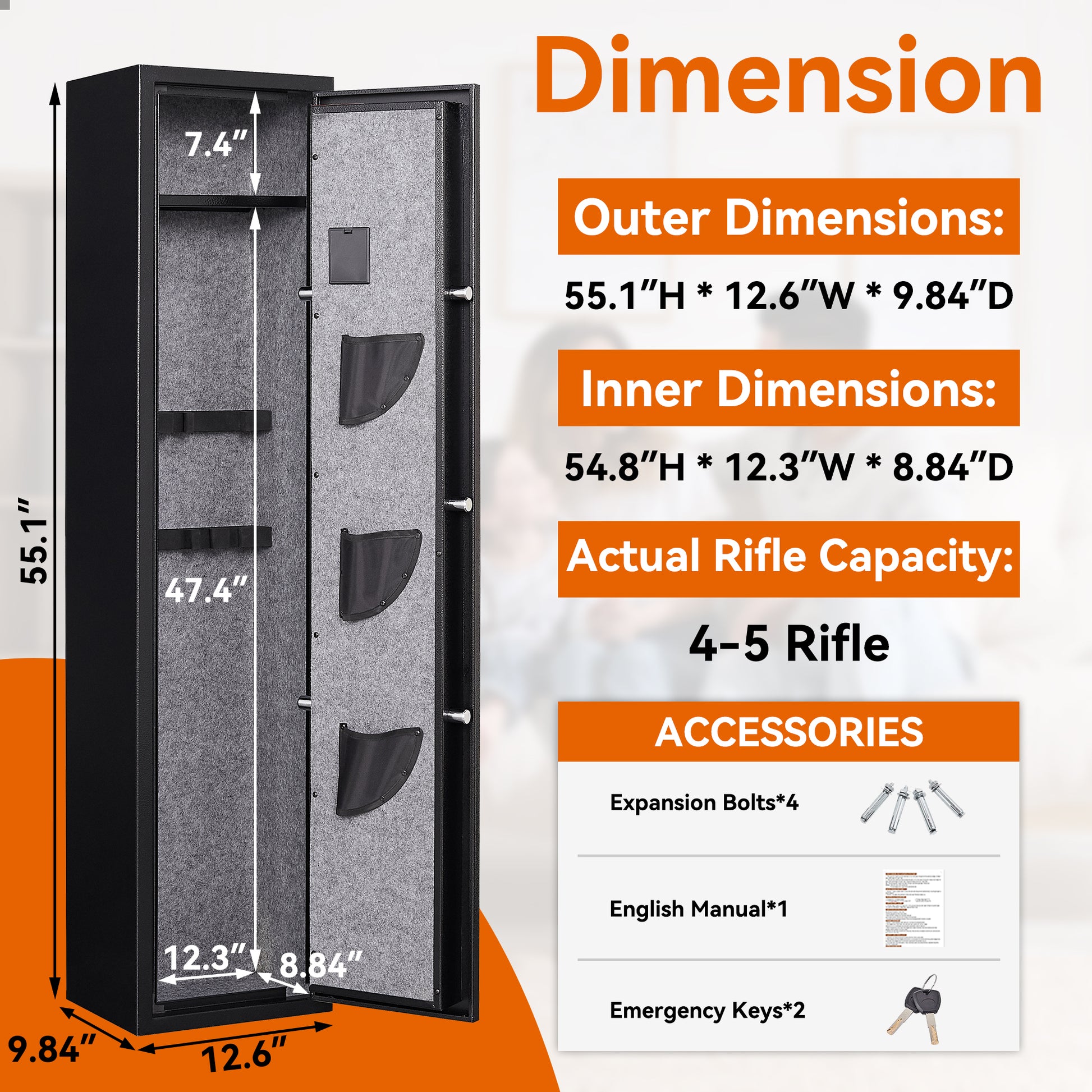 5 Safe For Home Rifle And Pistols, Quick Access Electronic Keypad Rifle With 3 Pistol Pockets, Build In Cabinet ,Led Light,External Battery Cases And Alarm System Black Steel