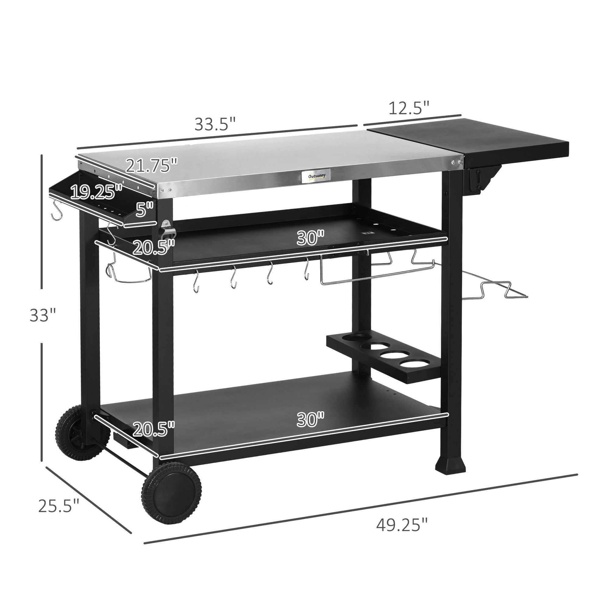 Outsunny Outdoor Grill Cart With Foldable Side Table, 46" X 21.75" Multifunctional Stainless Steel Pizza Oven Stand With Three Shelf, Movable Food Prep Table On Wheels, Black Black Stainless Steel