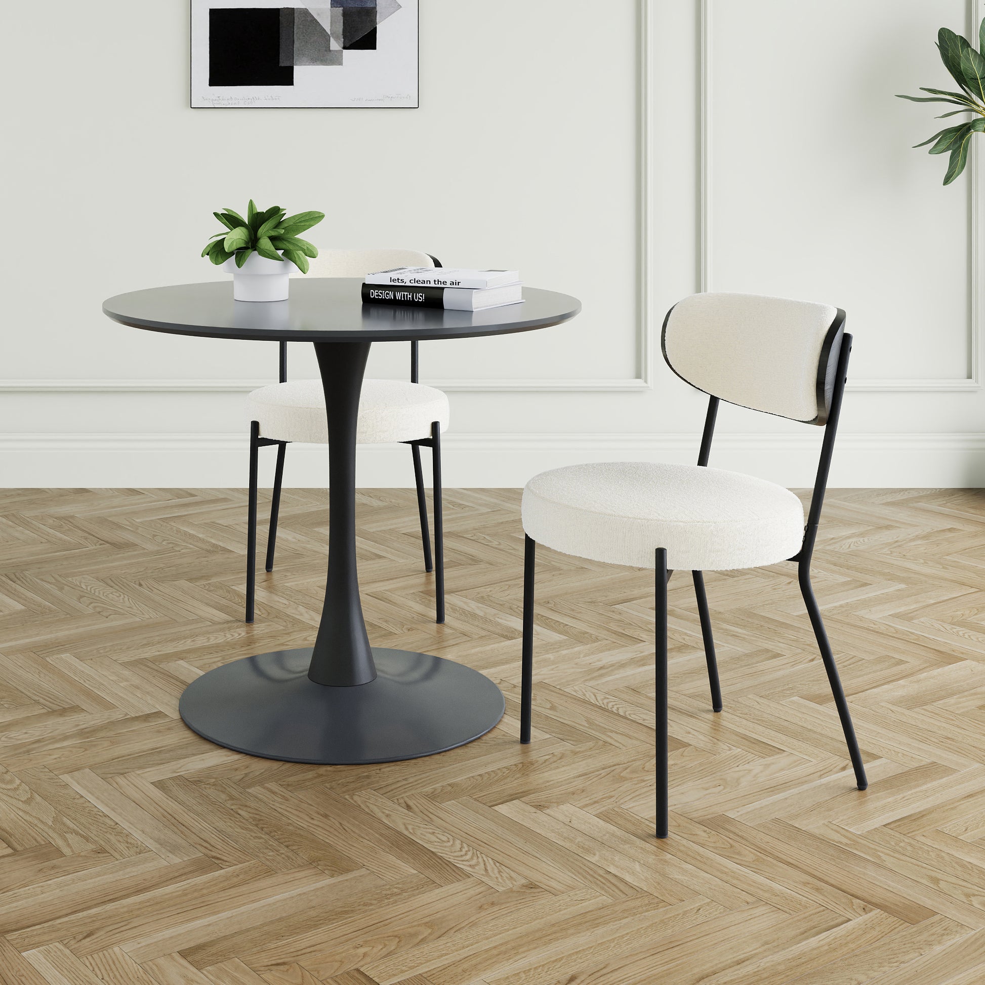 Modern Grey Simple Teddy Velvet Dining Chair Upholstered Chair Family Bedroom Stool Back Dressing, Black Round Table Set,Bentwood Covered With Ash Veneer Chair Back,Chair Black Metal Legs Set Of 3 Black Mdf