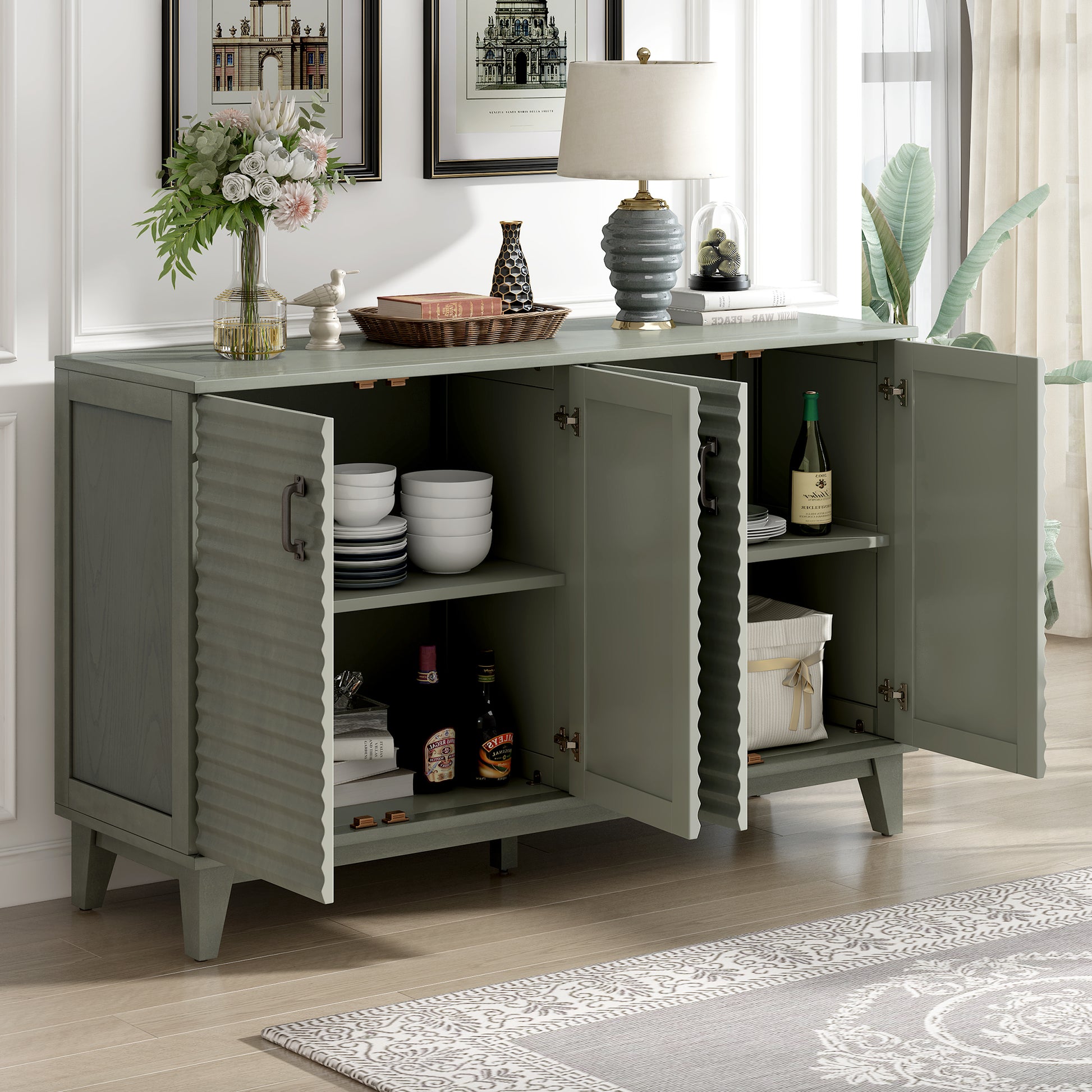 Sideboard With 4 Door Large Storage Buffet With Adjustable Shelves And Metal Handles For Kitchen, Living Room, Dining Room Antique Gray Antique Gray Solid Wood Mdf