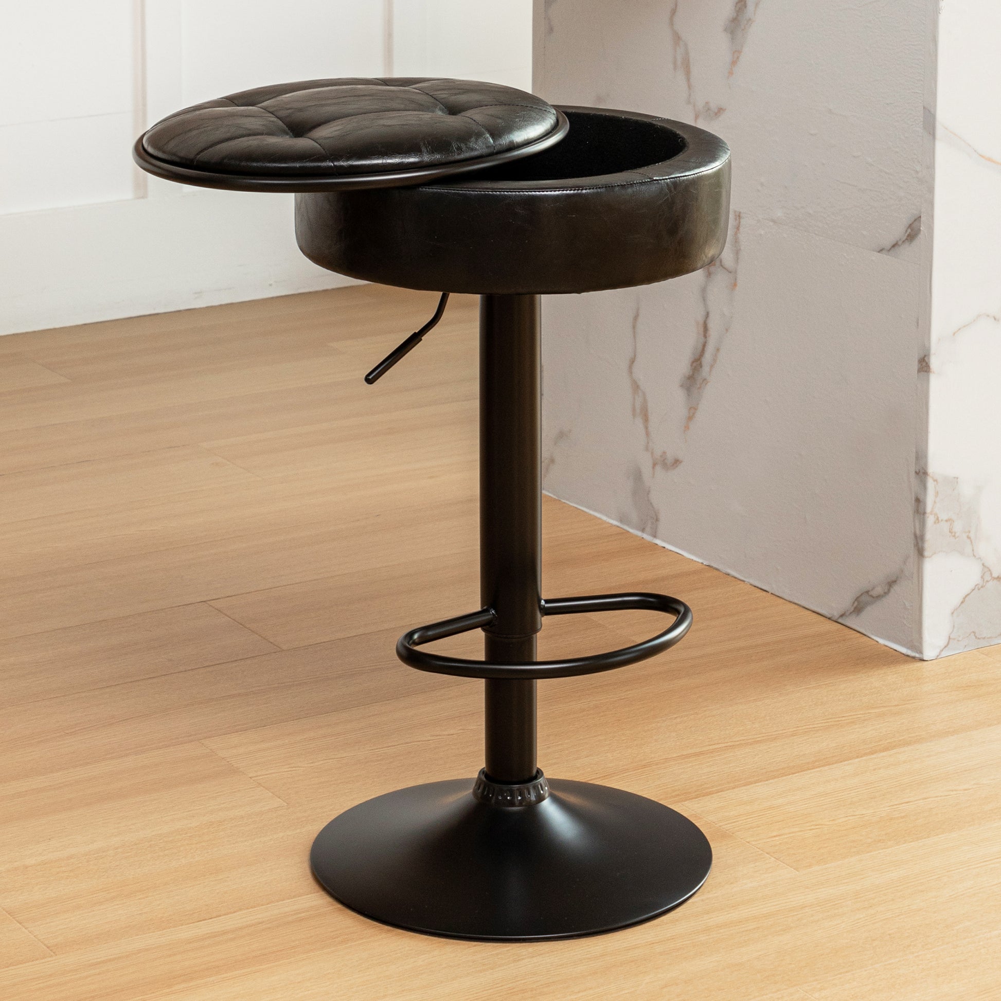 Round Storage Bar Stool Set Of 2, Black Faux Leather Height Adjustable Barstool, 360 Counter Height Swivel Stool, Armless Bar Chair With Metal Frame For Kitchen Counter Dining Living Room Black Set Of 2 Foam Pu Leather