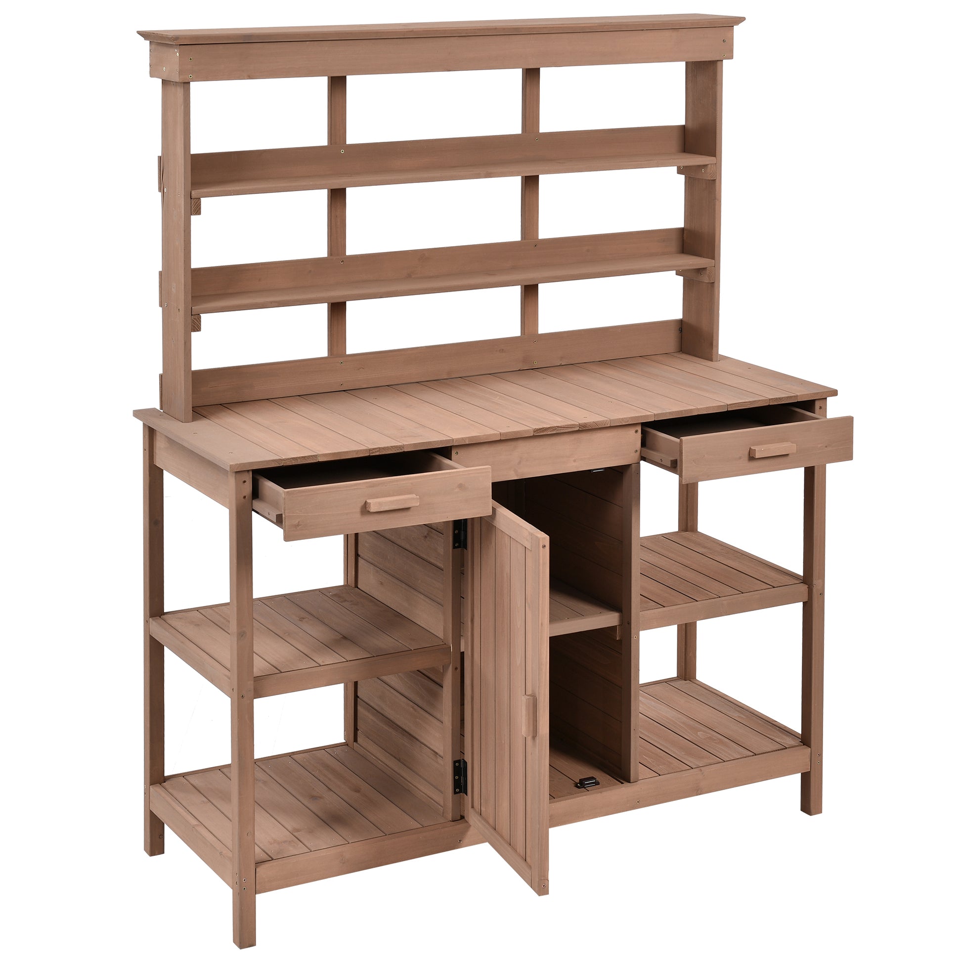 66" Large Outdoor Farmhouse Wooden Potting Bench Table, Garden Workstation With 2 Drawers, Cabinet And Open Shelves For Backyard, Mudroom, Brown Brown Garden & Outdoor Casual Wood Solid Wood