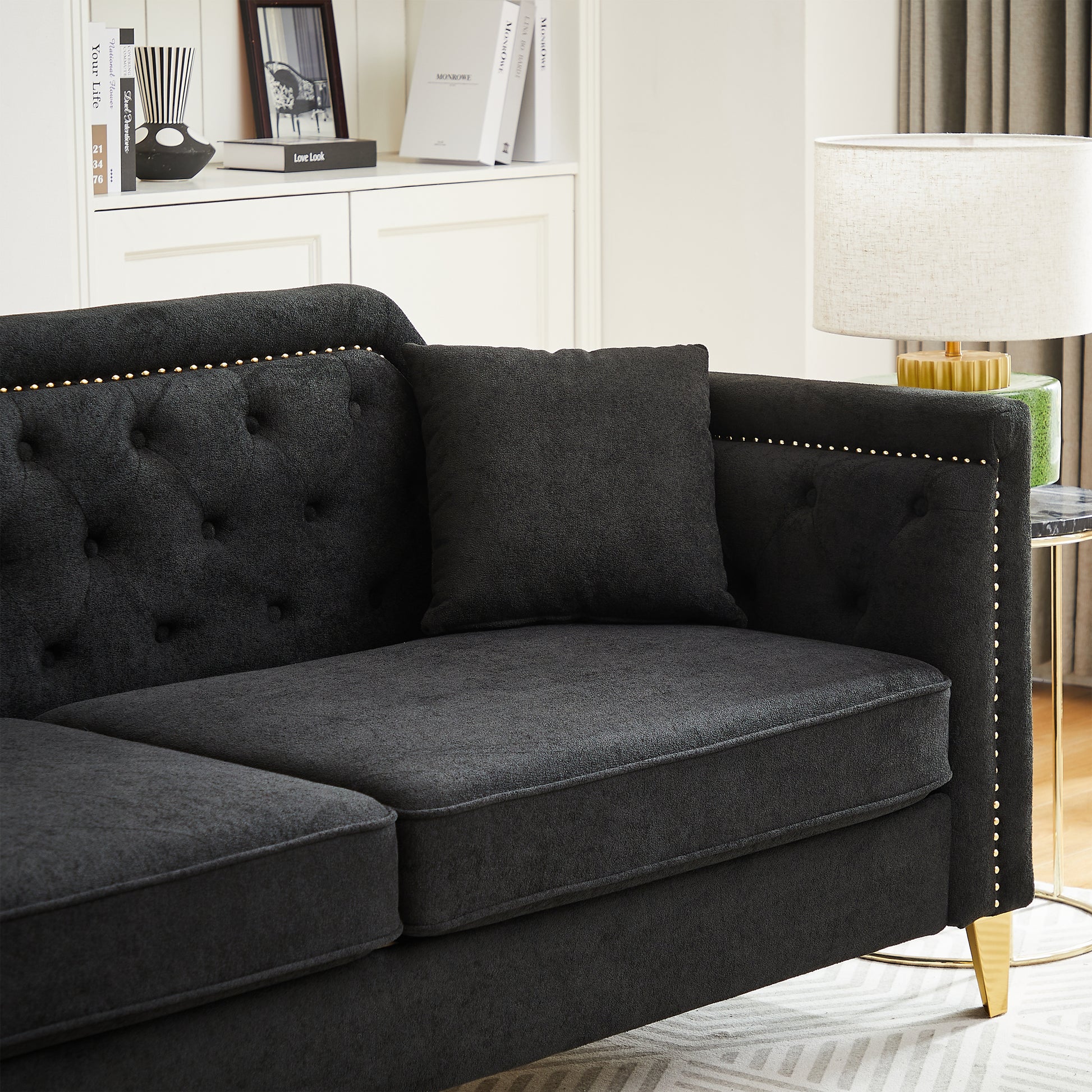 Fx81"Mid Century Design Modern Sofa,Chenille Pull Buckle Design Sofa For Living Room,Buttons Tufted With Copper Nail Decoration Armrest, With 2 Pillows,Modern Couch Upholstered Button And Metal Legs Black Chenille Pine Foam Fabric 3 Seat