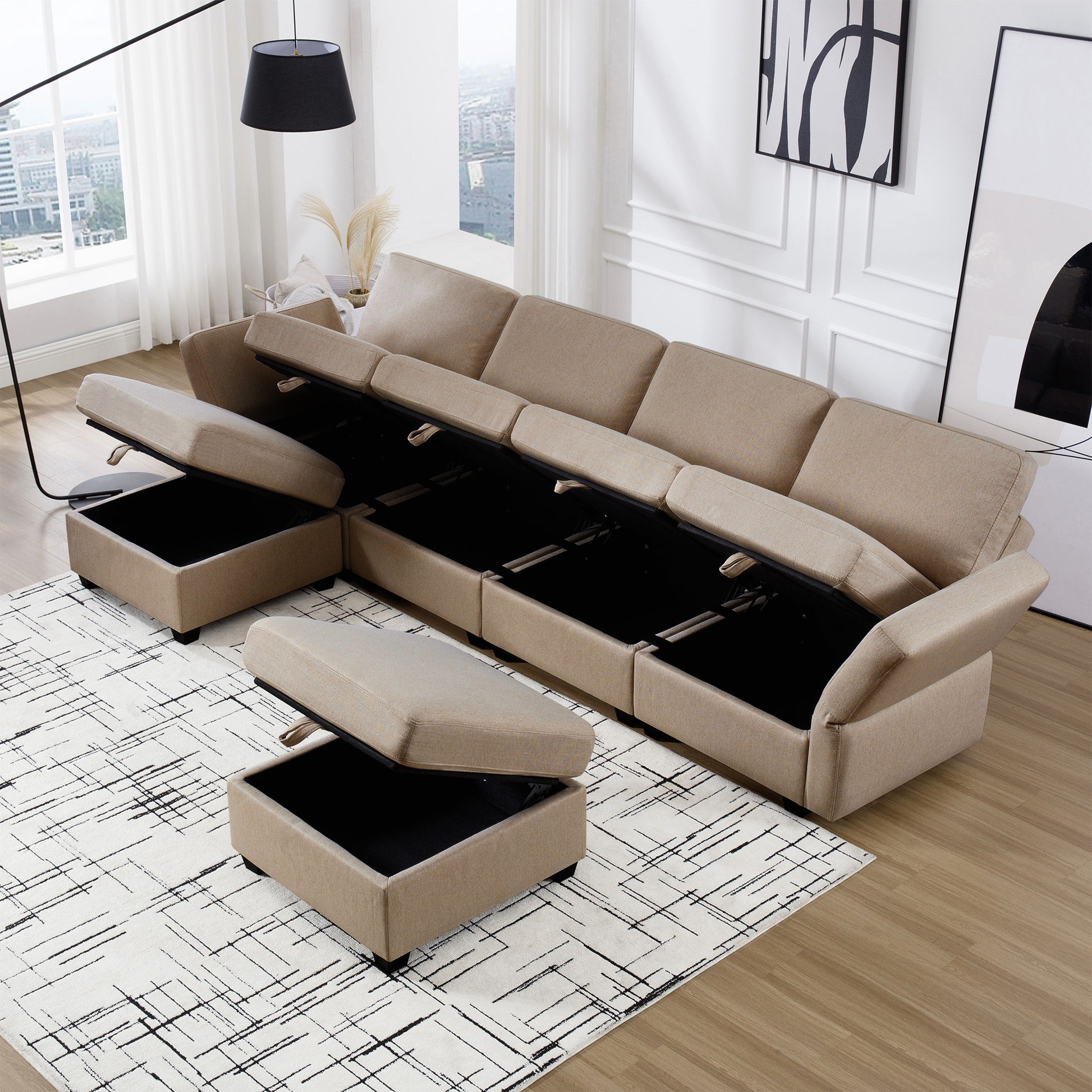 Adjustable Arms And Backs Modern U Shape Linen Couch Modular Sectional Sofa Couch With Storage Seat, Large Convertible Sofa With Reversible Chaise For Living Room Apartment Office, Brown Brown Polyester 4 Seat