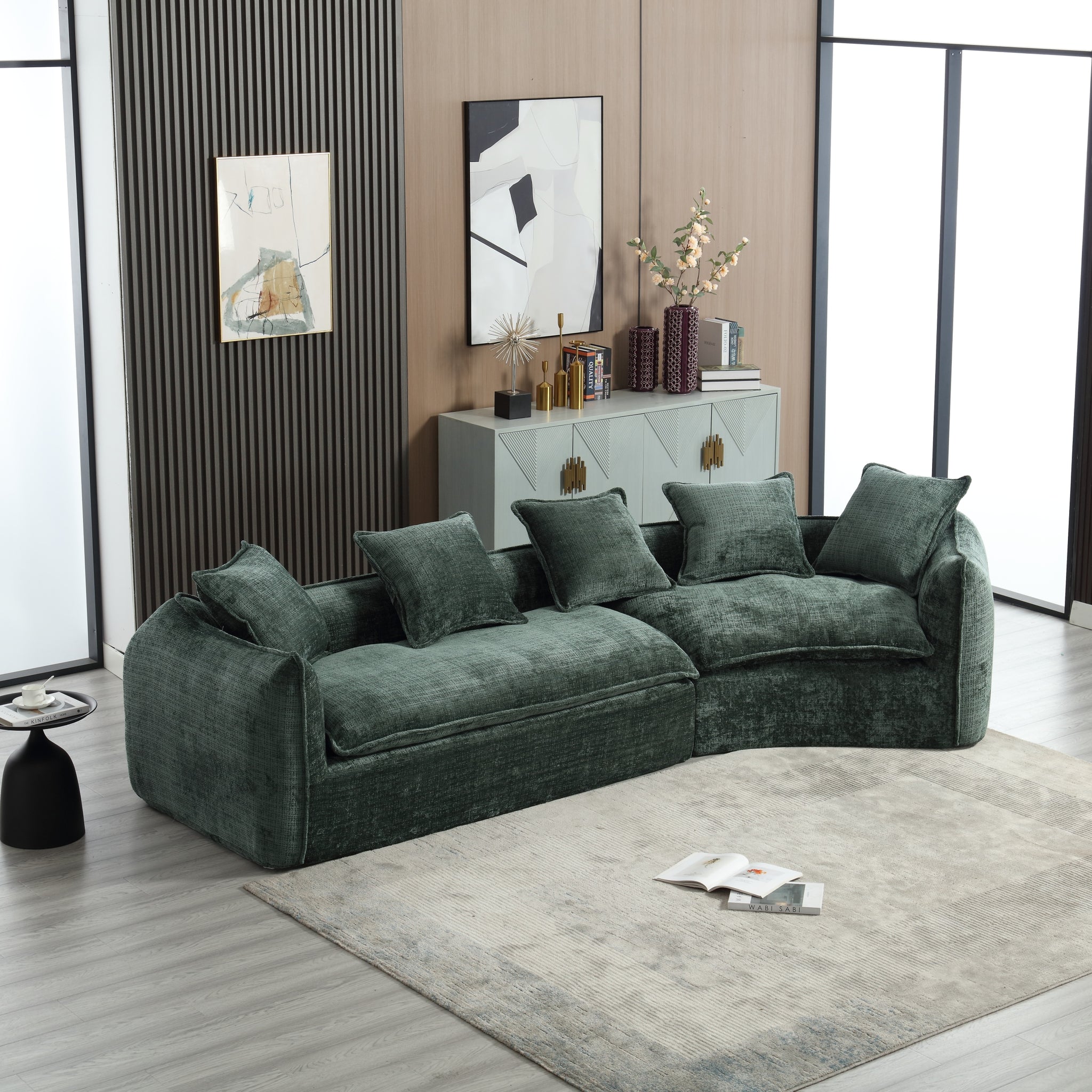 Modular Sectional Sofa, U Shaped Couch With Sofa For Five & Pillows, Modern Minimalist Chenille Fabric Large Comfy Cloud Sofas, Living Room Furniture Sets Emerald Chenille 5 Seat