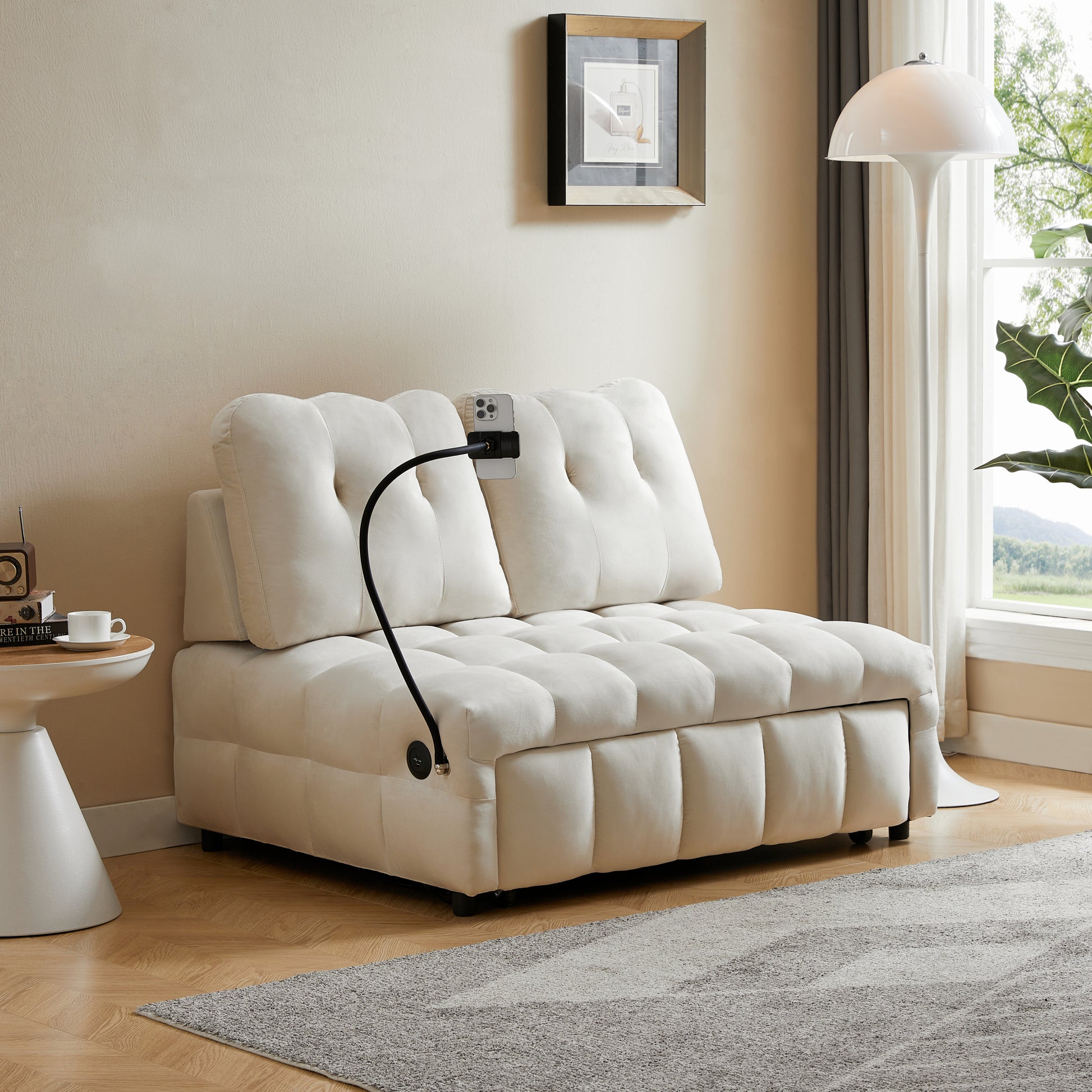 Modern Sofa Velvet Pull Out Bed,Independently Removable Backrest, Have Usb Port And Swivel Phone Stand ,Beige Beige Wood Velvet 2 Seat