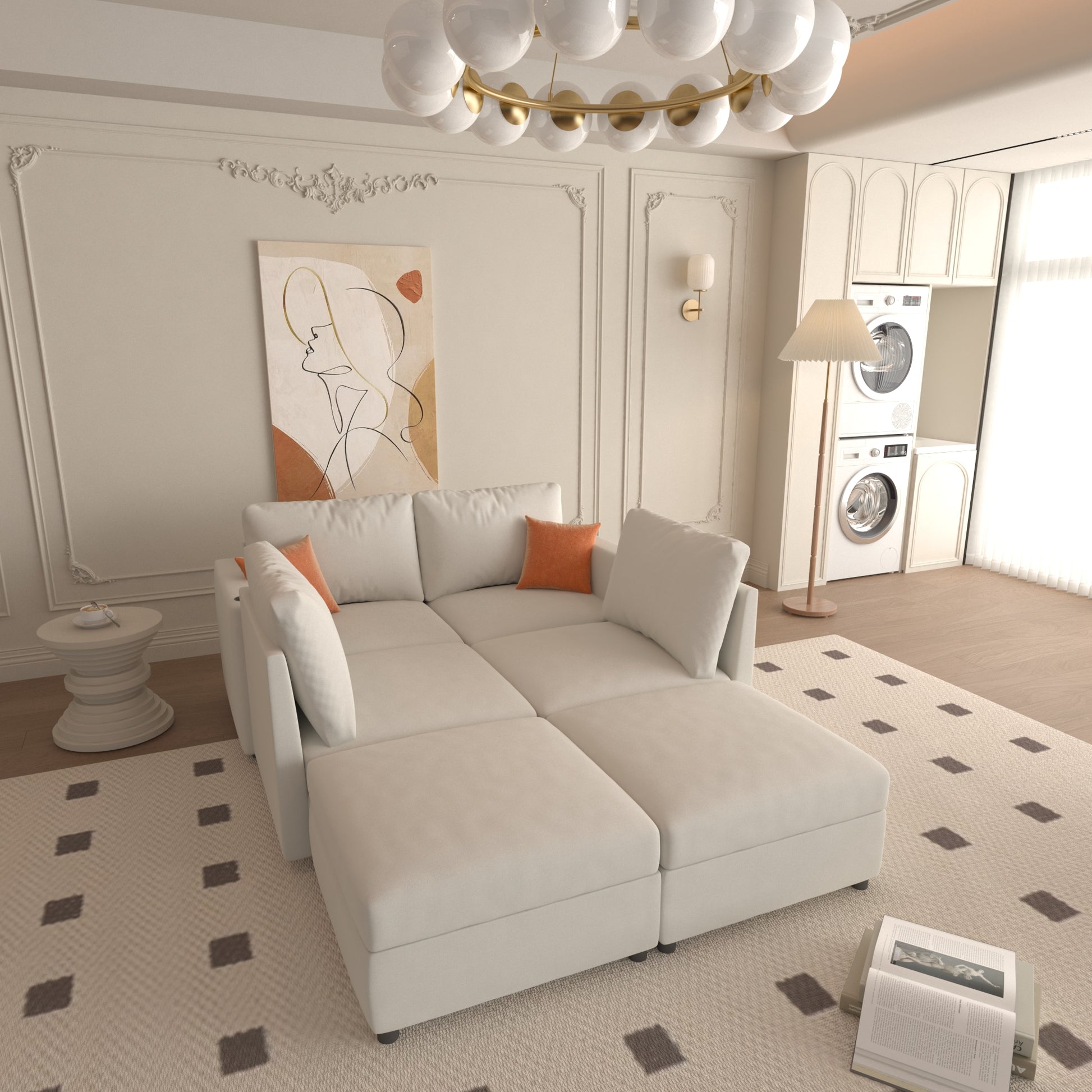 Modern Large Sectional Sofa, U Shape Modular Sectional Couch With Storage Function,123" Sofa Bed With Ottoman,6 Seat Sectionals Chaise For Living Room,Chenille Antique White Fabric 6 Seat