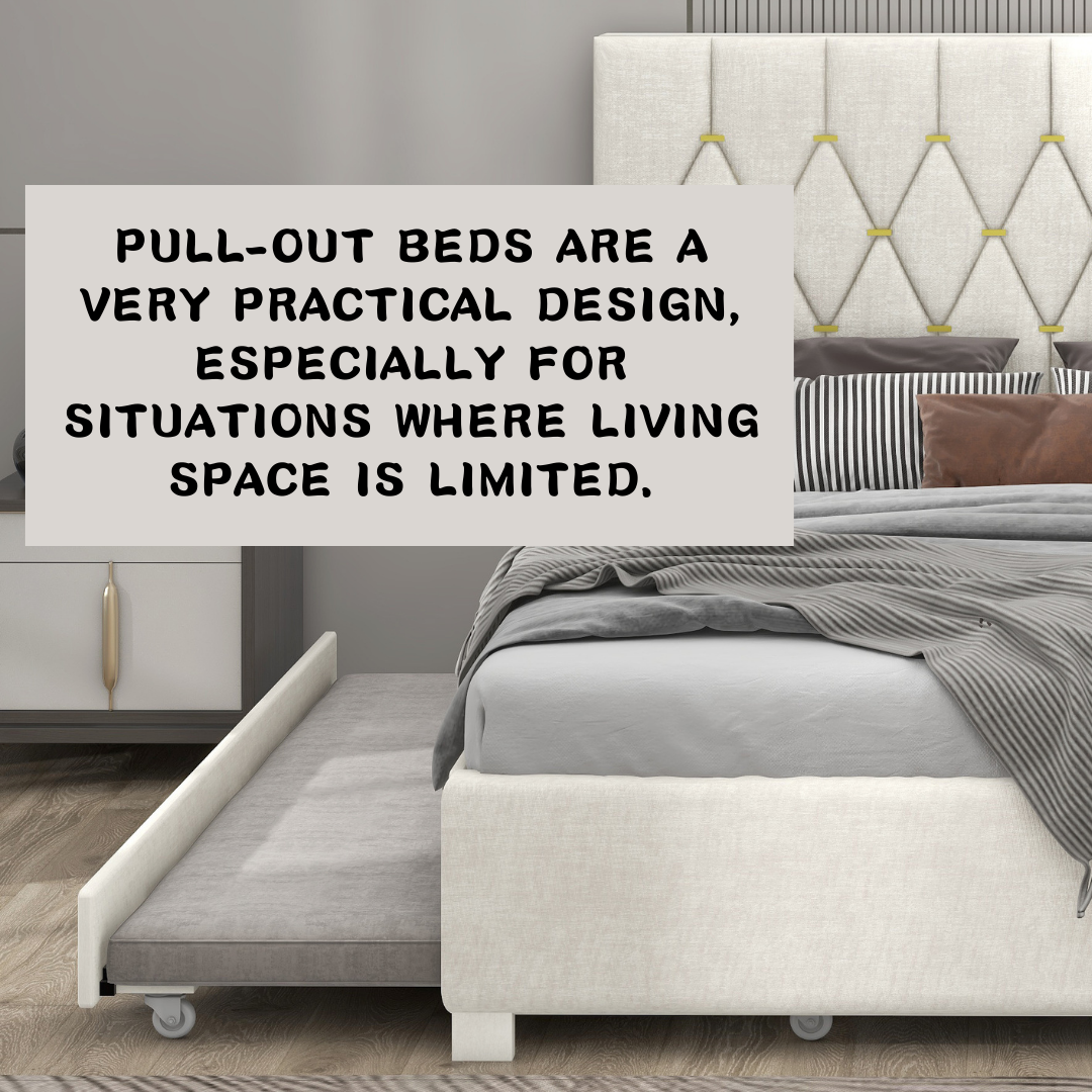 Beige Queen Size Trundle Pull Out Drawers Storage Upholstered Bed Modern Design No Box Spring Required Box Spring Not Required Queen Beige Wood Espresso Bedroom American Design,Casual,Cute,Modern Rubberwood Trundle Bed Included Fiber Foam And Polyester