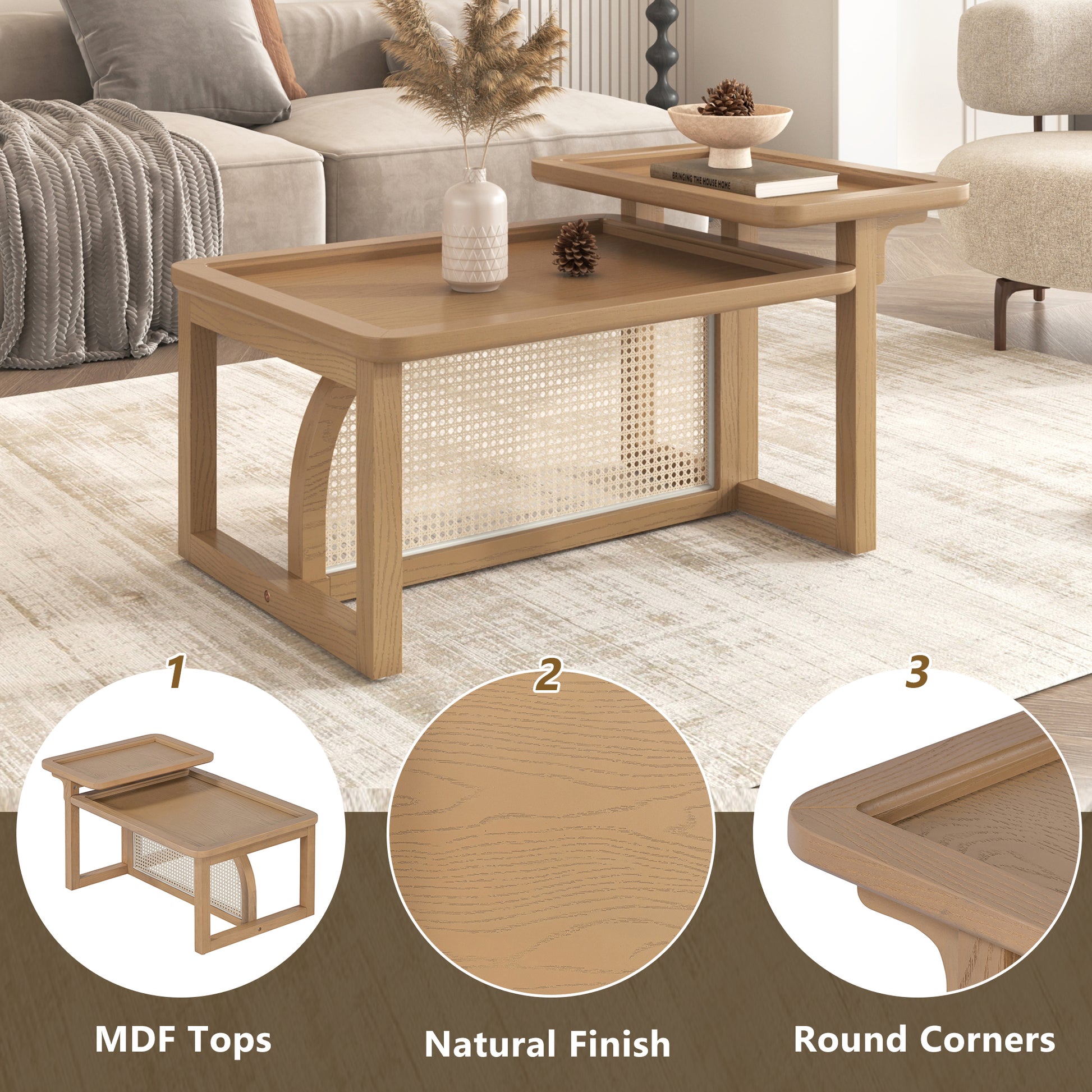 Modern 2 Piece Nesting Rattan Wood Mdf Coffee Table Set In Natural Natural Rubber Wood