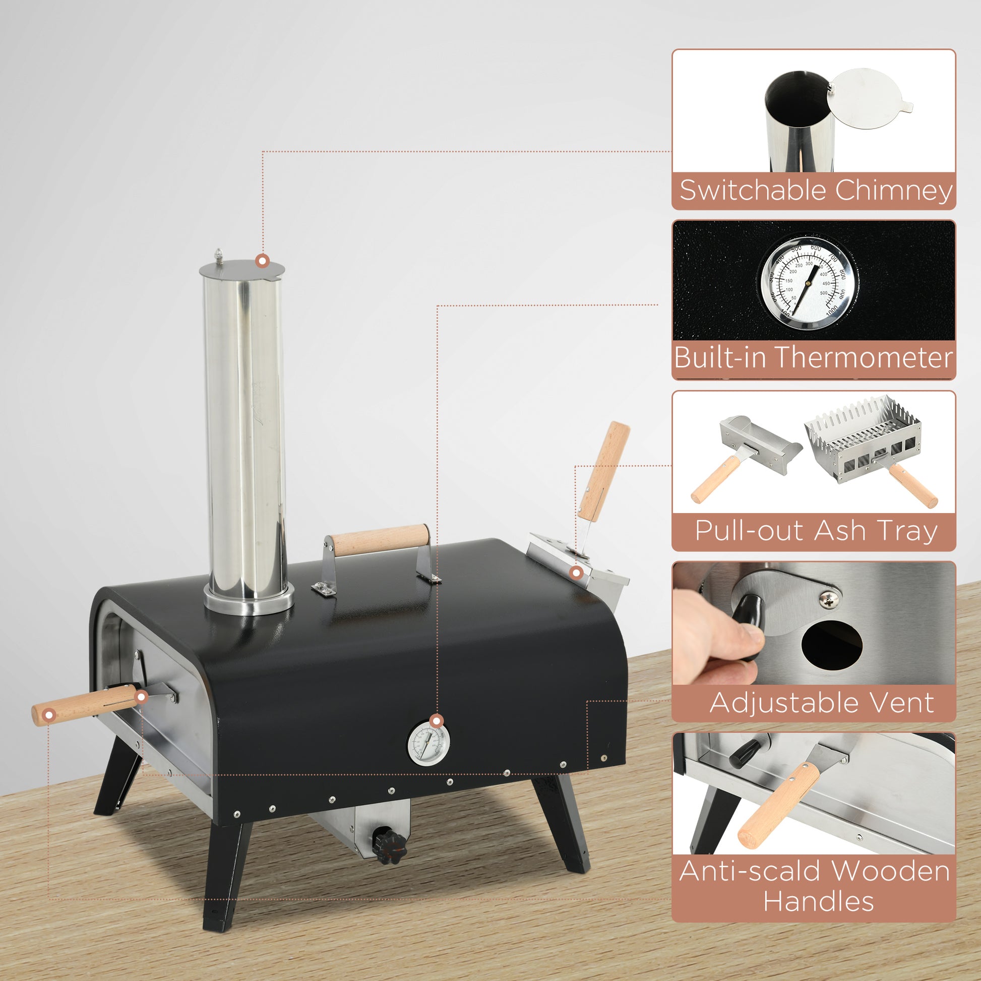 Outsunny Outdoor Pizza Oven With 12" Rotating Stone, Peel And Cover, Portable Pellet Wood Fired Pizza Maker With Foldable Legs, Stainless Steel Pizza Grill For Outside, Backyard, Outdoor Kitchen Black Steel