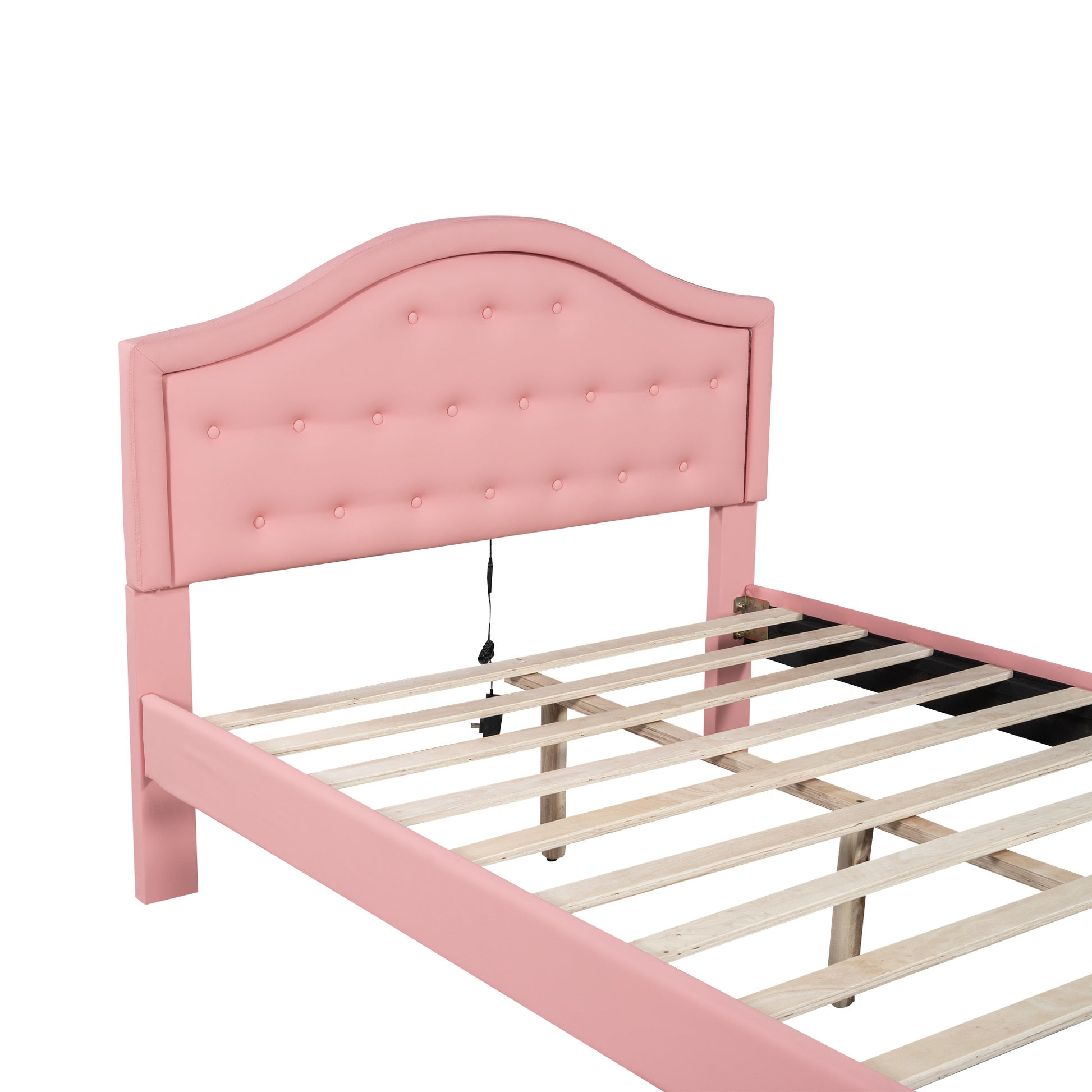 Full Size Upholstered Platform Bed With Tufted Headboard, Led And 2 Drawers, Pink Box Spring Not Required Full Pink Wood Bathroom Bed Frame Faux Leather Upholstered