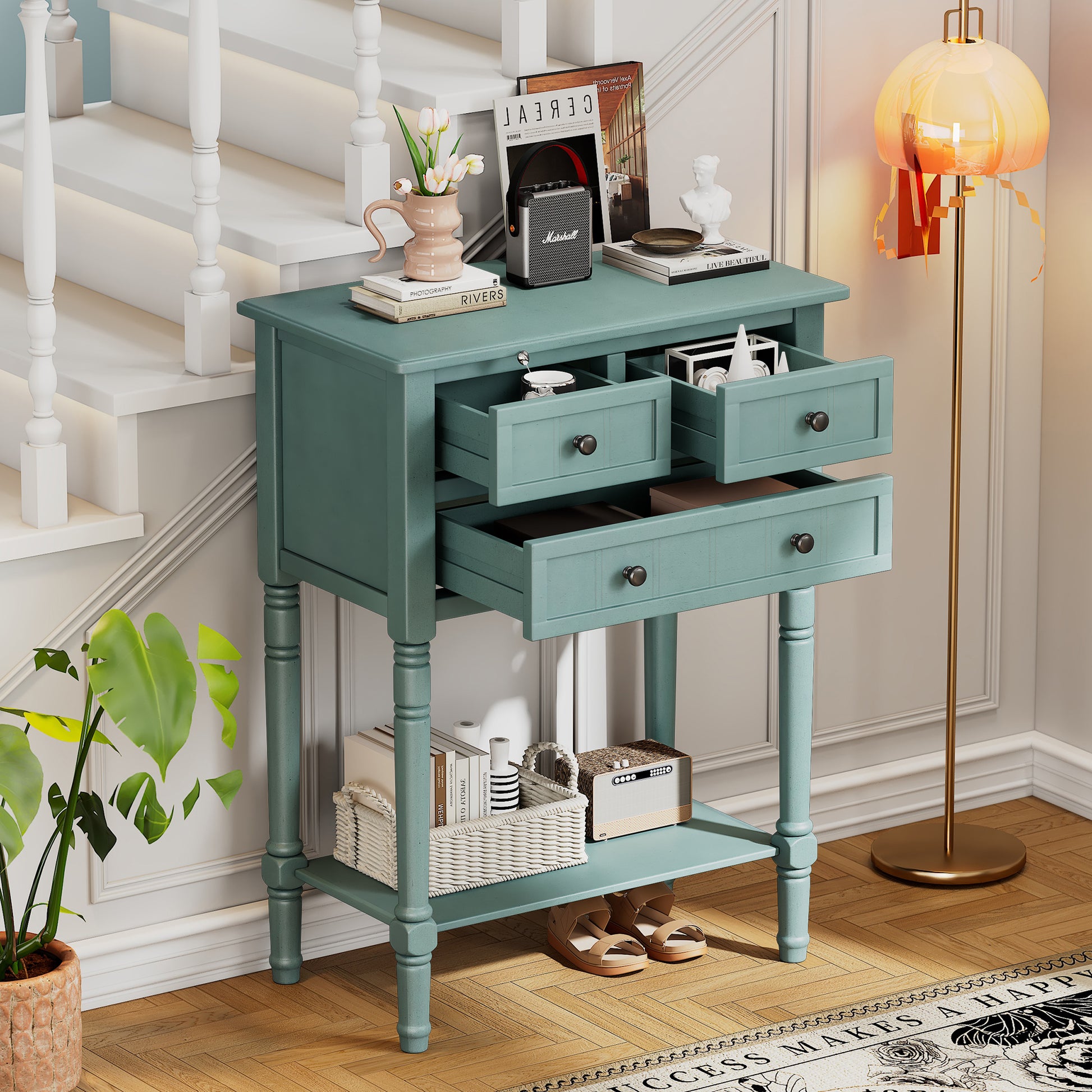 Narrow Console Table, Slim Sofa Table With Three Storage Drawers And Bottom Shelf Light Blue Light Blue Solid Wood Mdf