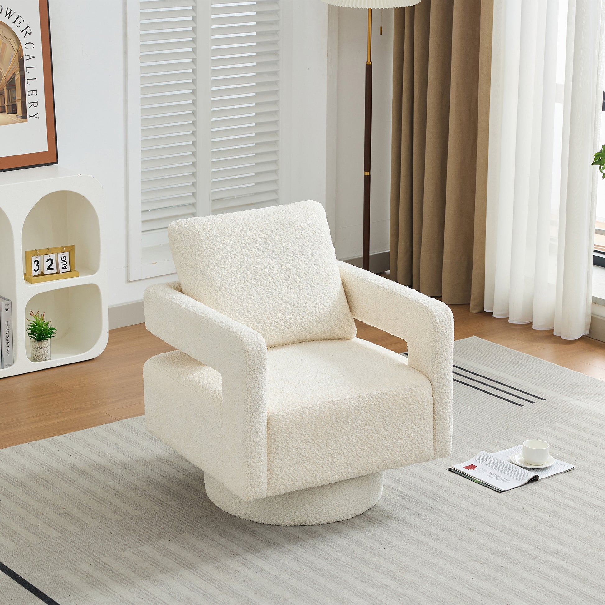 29.13" W Square Swivel Accent Chair, Modern Rotating Arm Chair With Open Back,360 Degree Rotation, Lounge Club Chair With Removable Back Cushion For Living Room, Hotel, Bed Room,Beige Beige Boucle