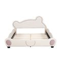 Queen Size Velvet Platform Bed With Bear Shaped Headboard, With Bed End Storage Pocket, Beige Queen Beige Plywood