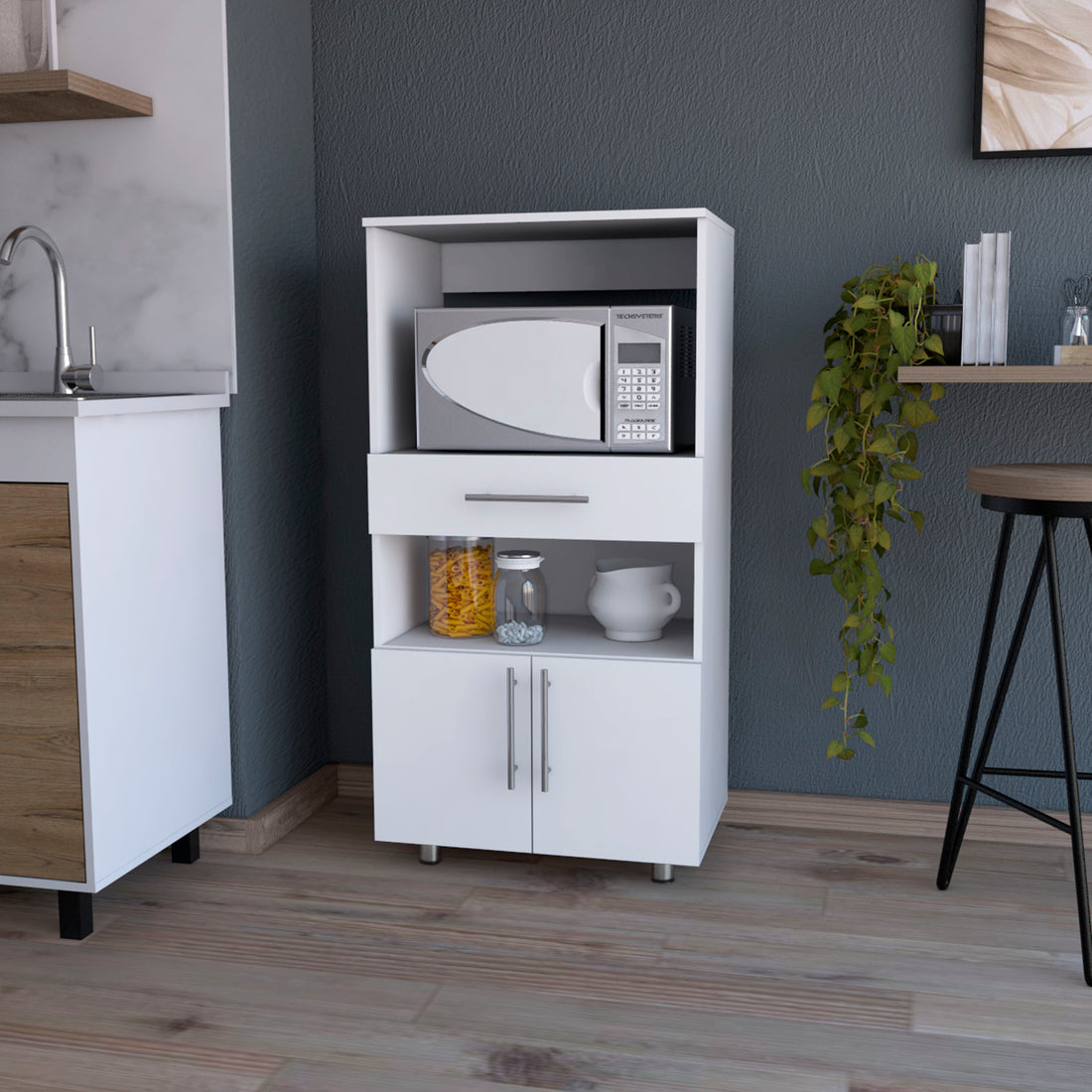 Corsica Pantry Cabinet Microwave Stand, Multi Function With Drawer White White Kitchen Rectangular Particle Board Engineered Wood