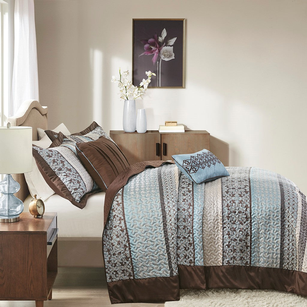 5 Piece Reversible Jacquard Bedspread Set Blue Queen Queen Blue Cotton