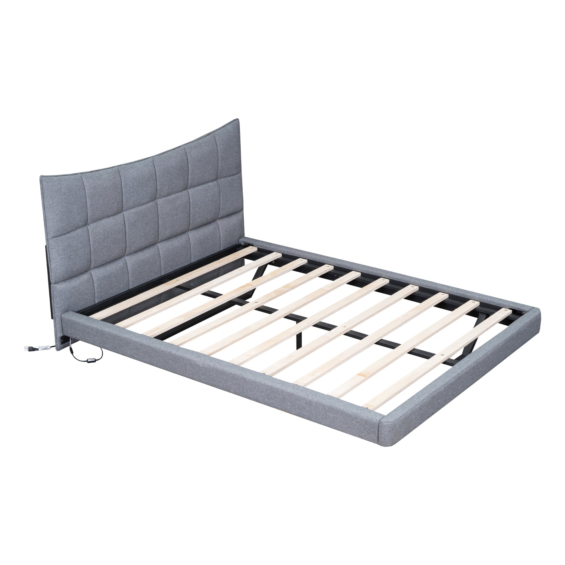 Full Size Upholstered Platform Bed With Led Lights,Usb Ports And Outlets,Linen Fabric,Gray Full Gray Wood Metal