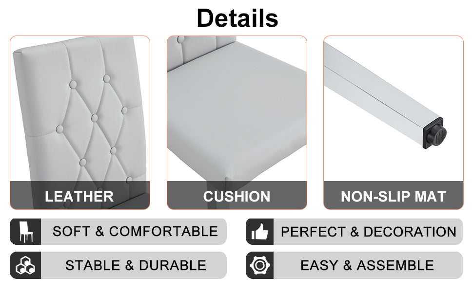 Table And Chair Set, Modern Dining Table, Tempered Glass Tabletop And Silver Colored Leg Table, Soft And Comfortable Dining Chair, Perfect For Dinner, Meetings, Home And Office Decor Gray Seats 4 Glass