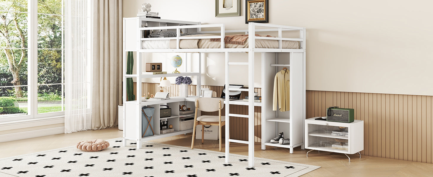 Metal Loft Bed With Wardrobe And L Shaped Desk, Full Size Loft Bed With Storage Cubes And Shelves, Heavy Duty Loft Bed For Kids Teens Adults, White Pre Sale Date: August 10Th Full Off White Metal