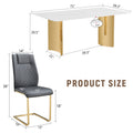 Table And Chair Set.The Table Has A Glass Tabletop With Imitation Marble Pattern Stickers And Stainless Steel Golden Table Legs. Paried With Comfortable Chairs With Pu Seats And Metal Legs. White Gold Seats 8 Glass Metal