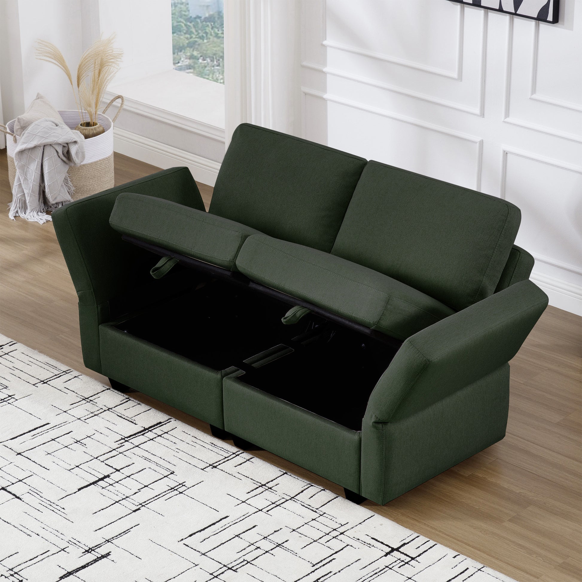 Contemporary Modern Chic Upholstered Fabric Sofa With Storage Seats And Storage Ottomans, 2 Seater Sofa Fabric Couch With Adjustable Arms And Backs For Living Room Green Green Polyester 2 Seat