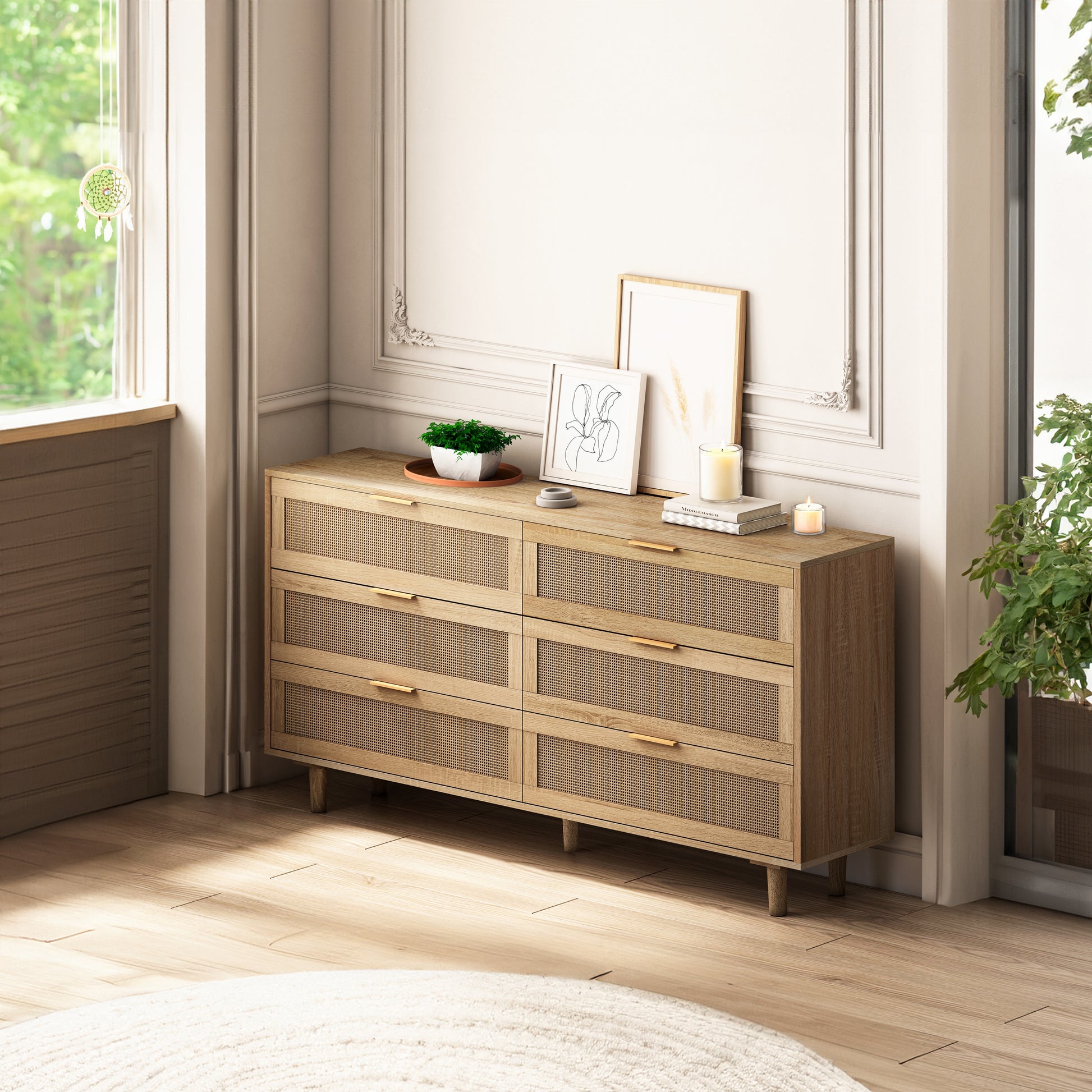 51.18"6 Drawers Rattan Storage Cabinet Rattan Drawer,For Bedroom,Living Room,Natural Same Sku:W75784346 Natural Mdf