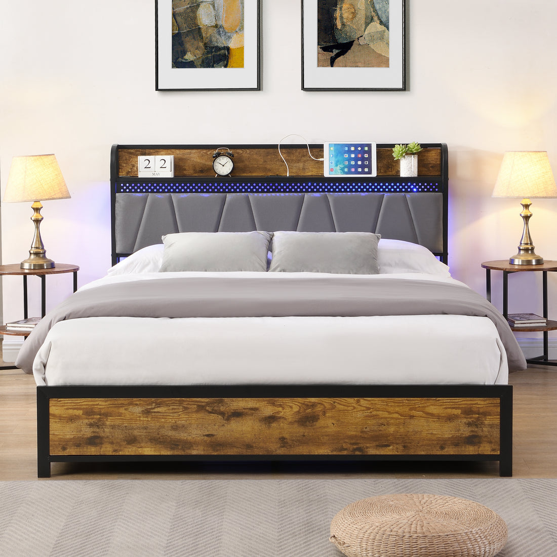 King Size Bed Frame, Storage Headboard With Charging Station And 4 Storage Drawers,Led Lightsbrown And And Gray Black Brown Grey Mdf Metal